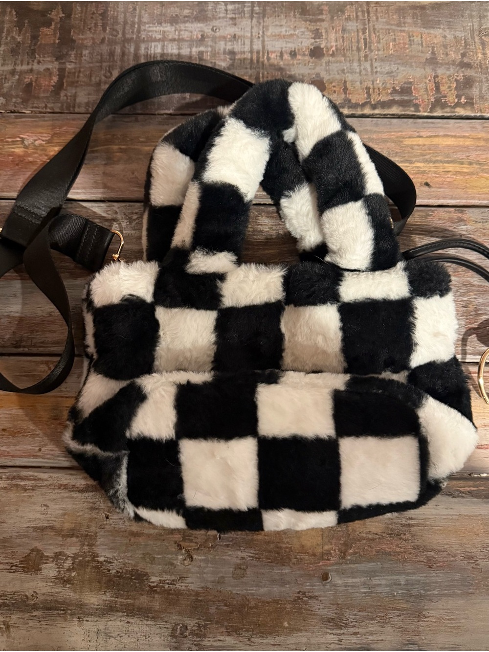 Claire's Black & White Checkered Faux Fur Bag